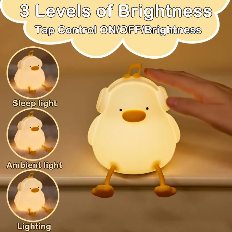 Headphone duck silicone night lamp with 30-minute auto-off feature