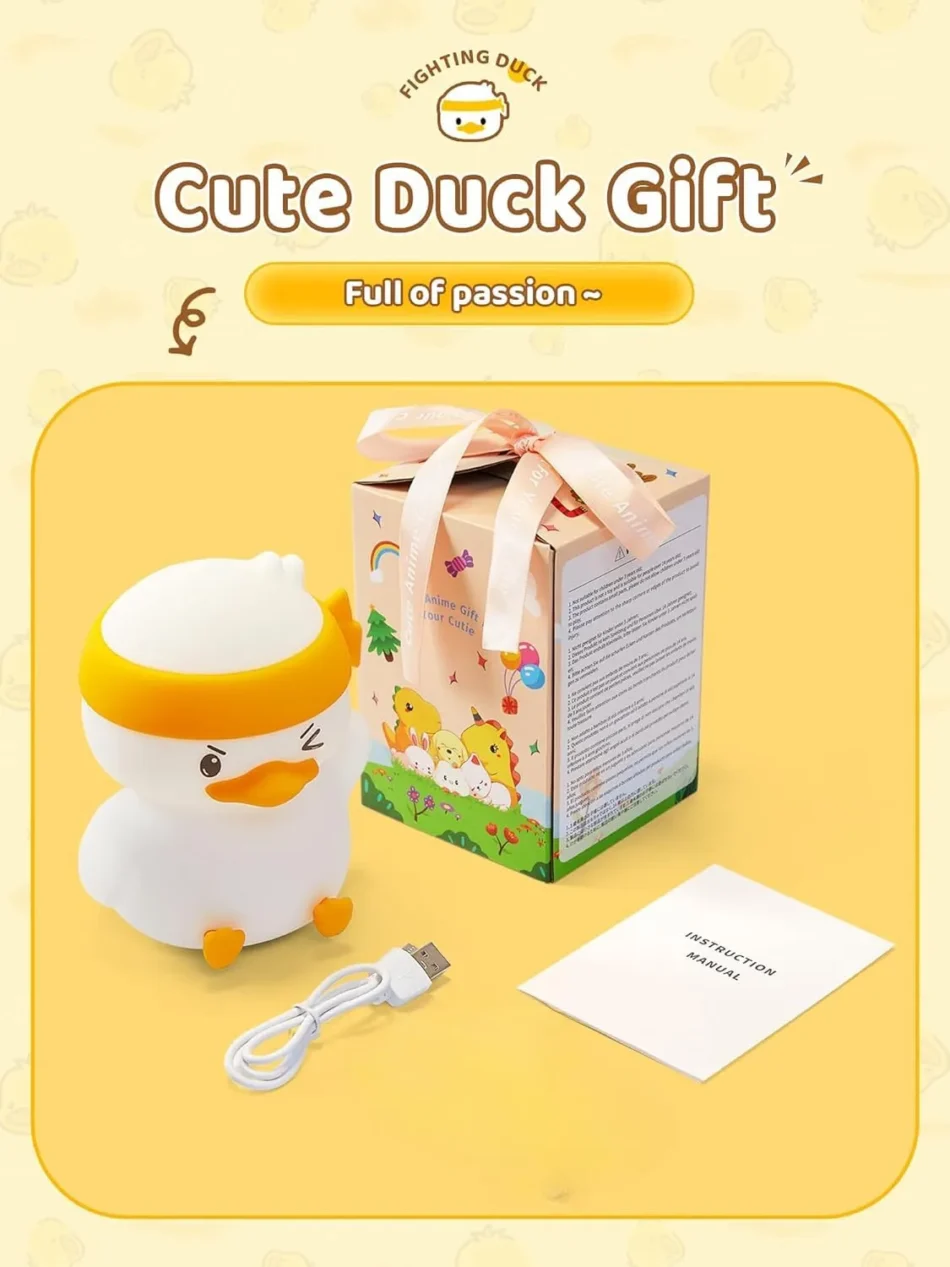 Cute duck night lamp with gift box, USB cable, and instruction manual