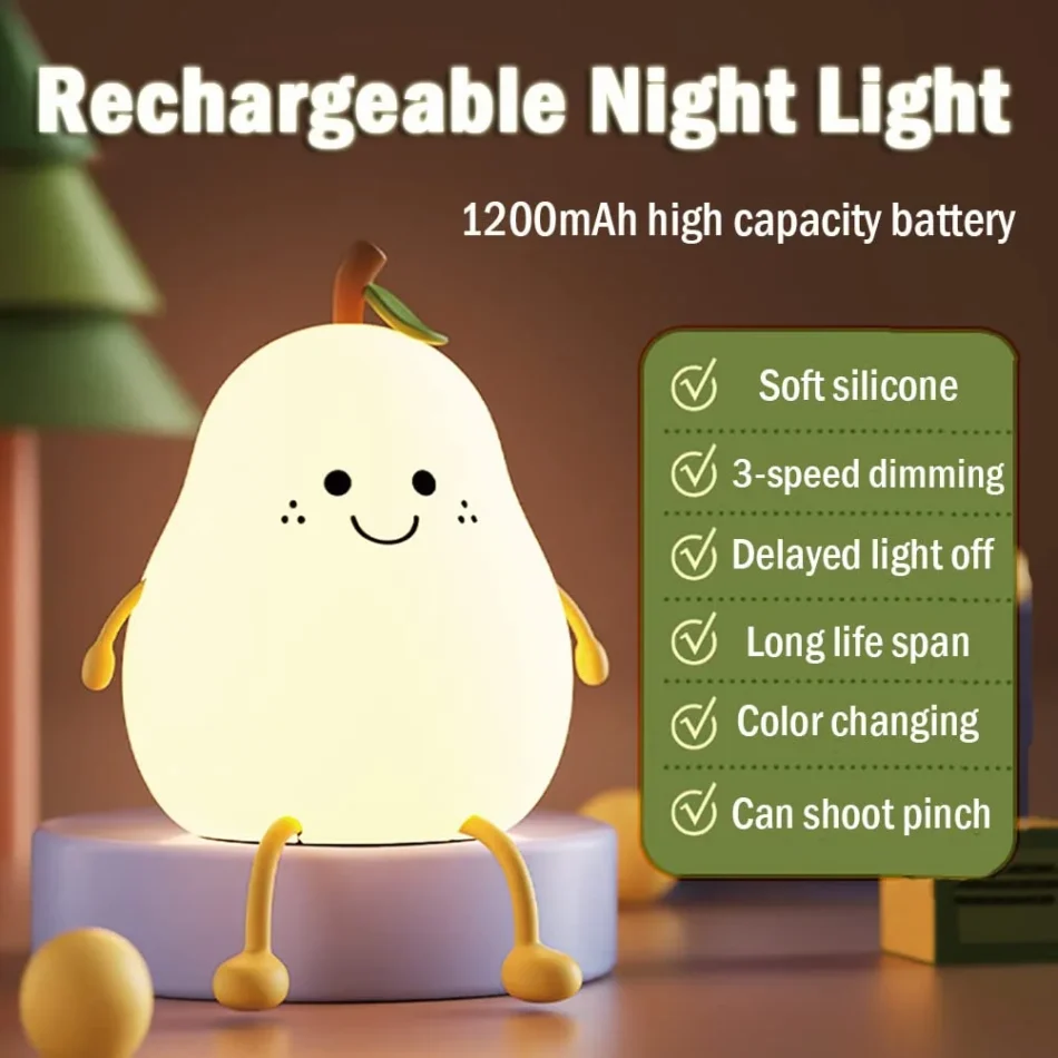 Avocado silicone night light with feature list and battery capacity