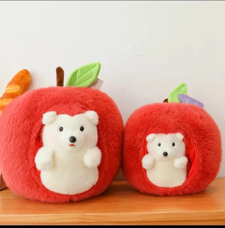 Two Apple Hedgehog Plush Pillows in different sizes, featuring a soft red apple with a detachable white and red hedgehog toy inside
