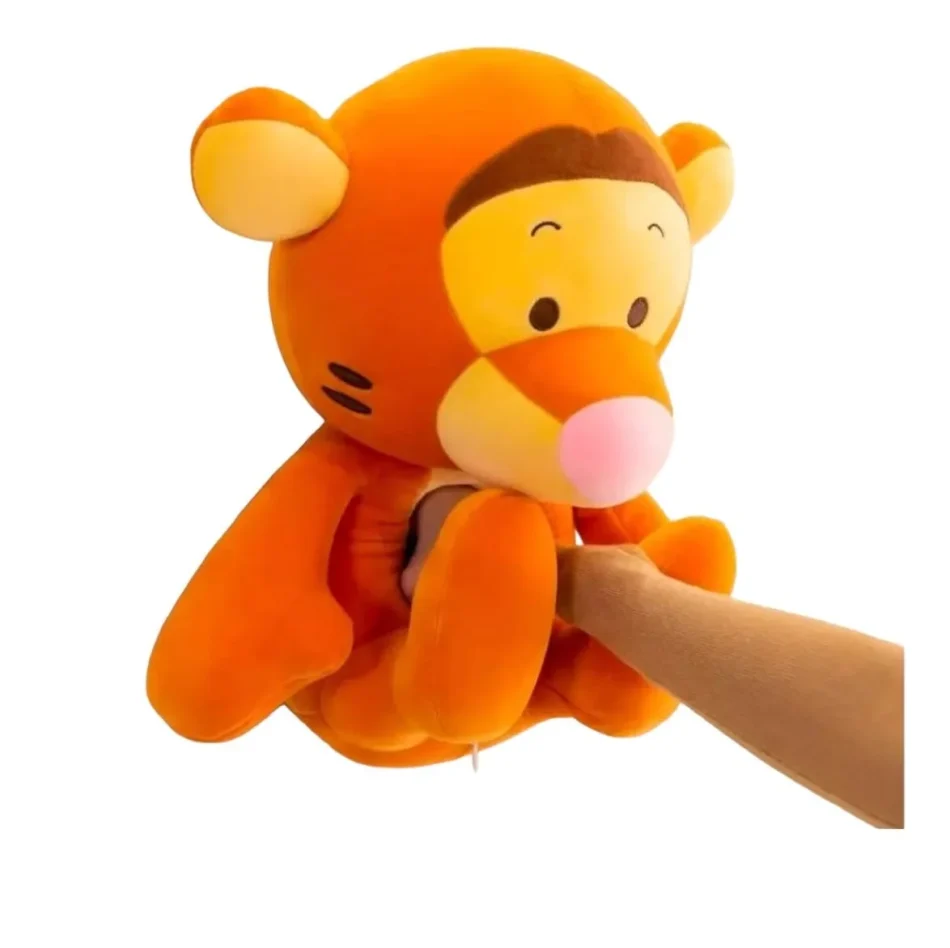 Interactive Tiger Plush Toy with a hand inside, showing its flexible and squeezable texture