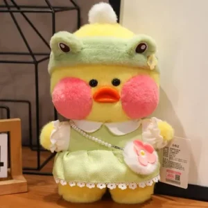Soft Duck Toy in green dress with frog-themed hat