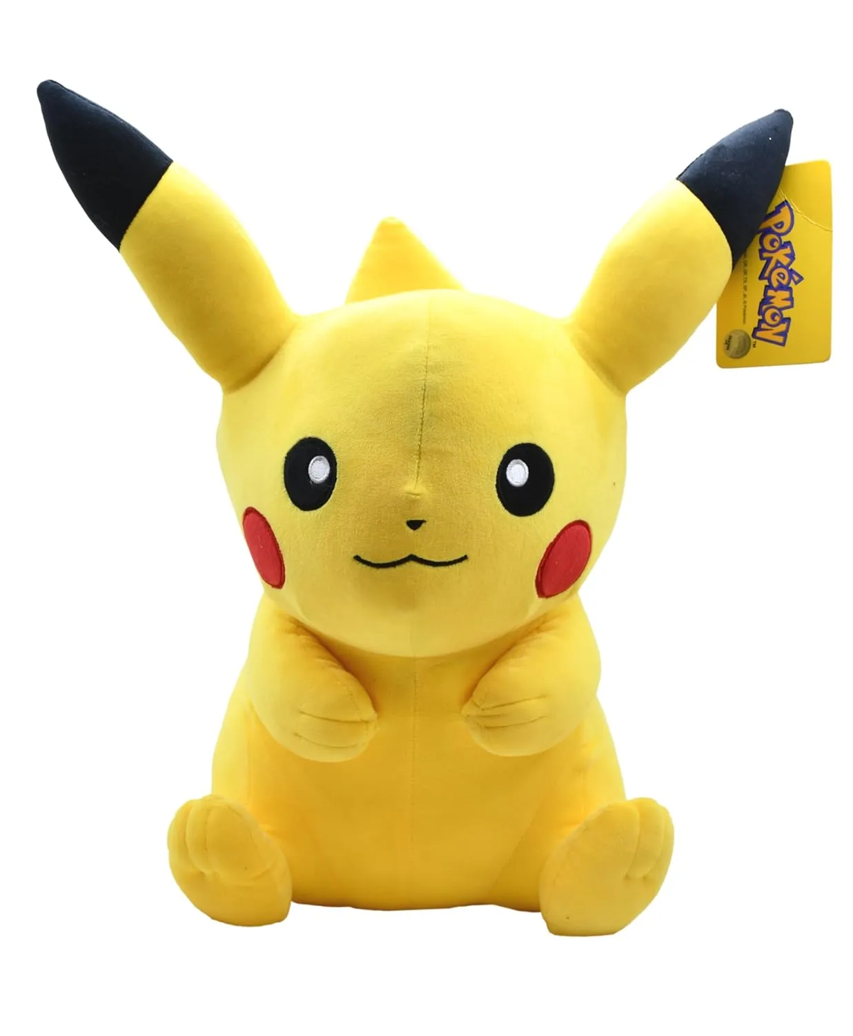 Front view of Pikachu Soft Plush Toy sitting upright with a cute smile