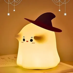 Soft glowing ghost lamp with witch hat for Halloween or bedtime