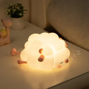 Sheep Lamp glowing beside bed on nightstand