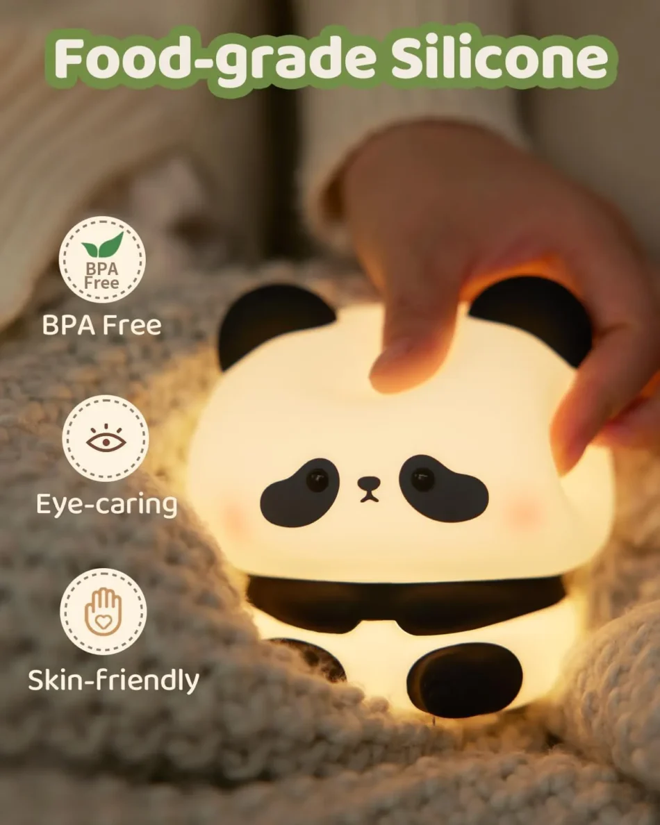 Panda Lamp showing food-grade silicone, BPA free & skin-friendly
