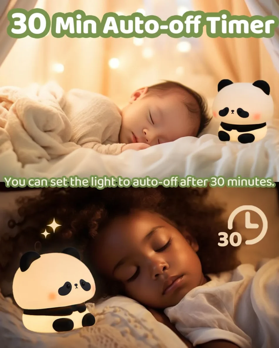 Baby sleeping with panda lamp and 30-minute auto-off feature